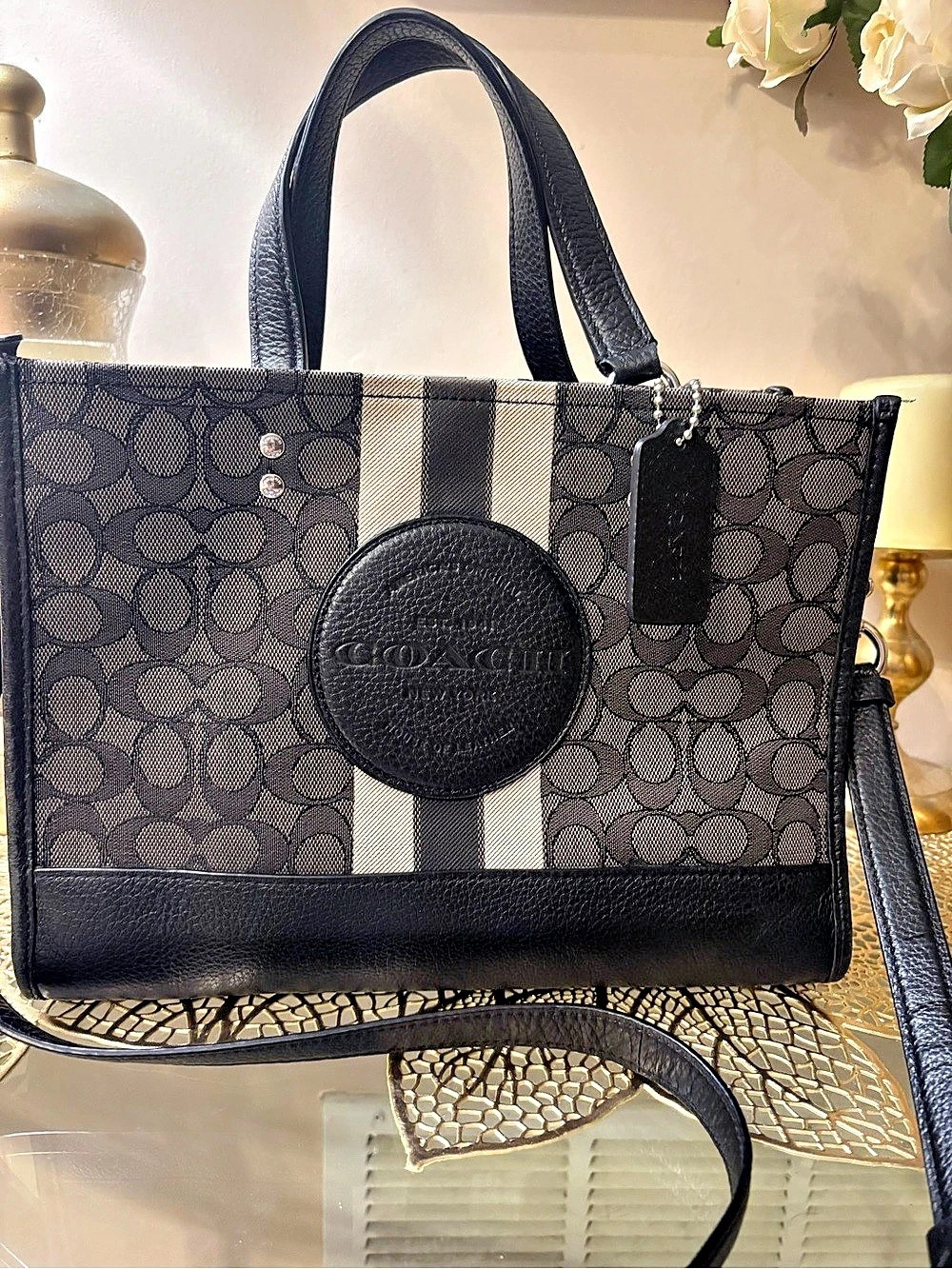Coach Dempsey Tote 22 In Signature Jacquard With Stripe And Coach Patch